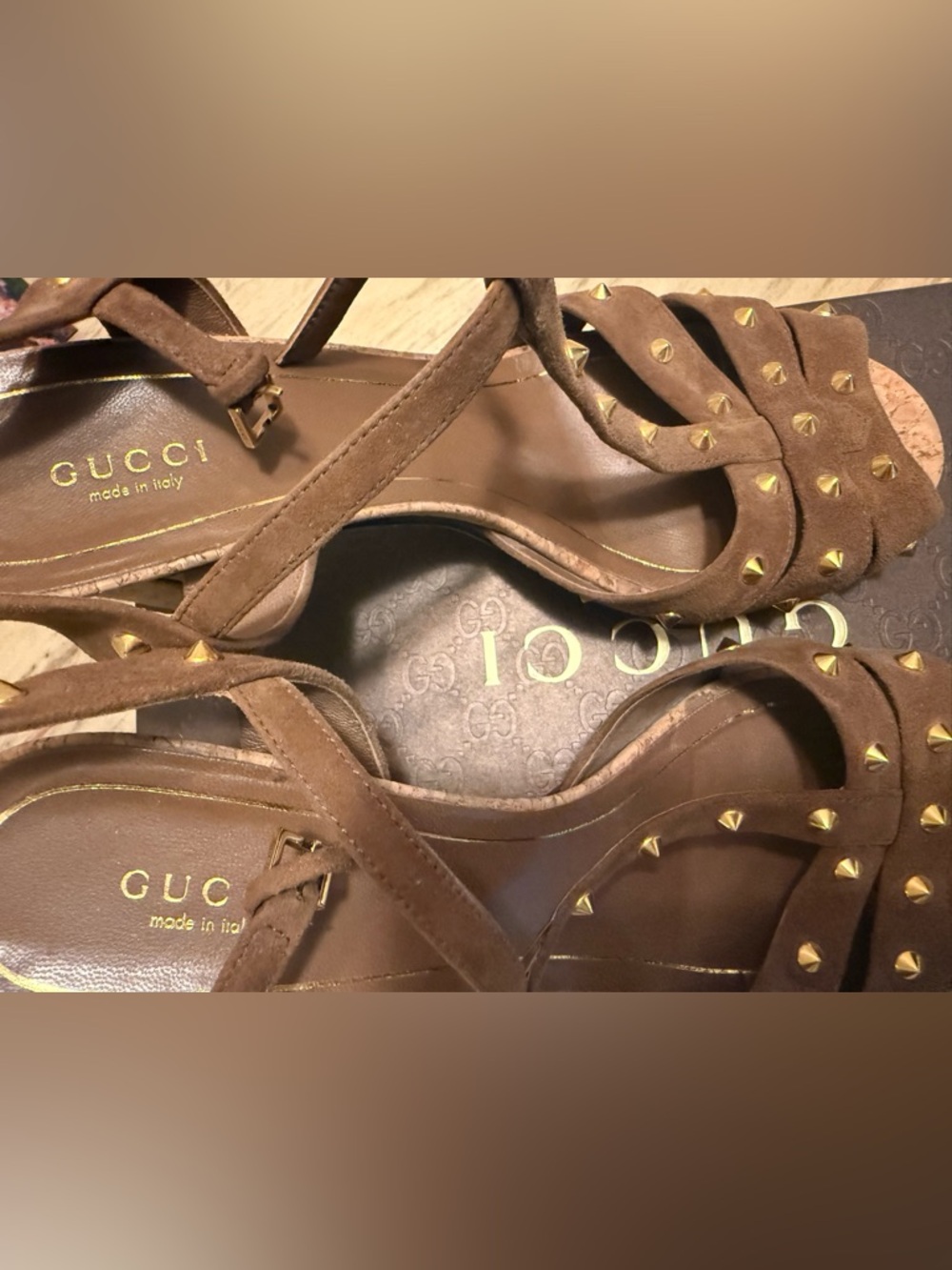 Gucci Brown Suede Studded T-Strap Sandals - Picture 6 of 11